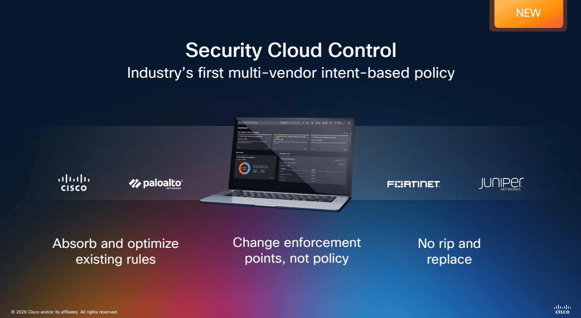 Security Cloud Control multi-vendor intent-based policy management supporting Cisco, Palo Alto, Fortinet, and Juniper firewalls