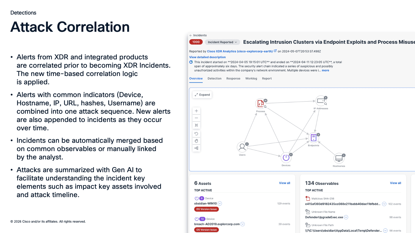 Cisco XDR attack correlation engine combining alerts by device, hostname, IP, URL, and hash into unified incidents