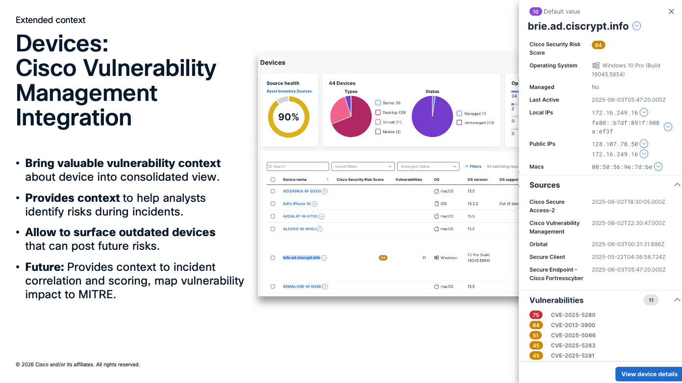 Cisco XDR vulnerability management integration showing risk scores, CVE data, and MITRE ATT&CK mapping